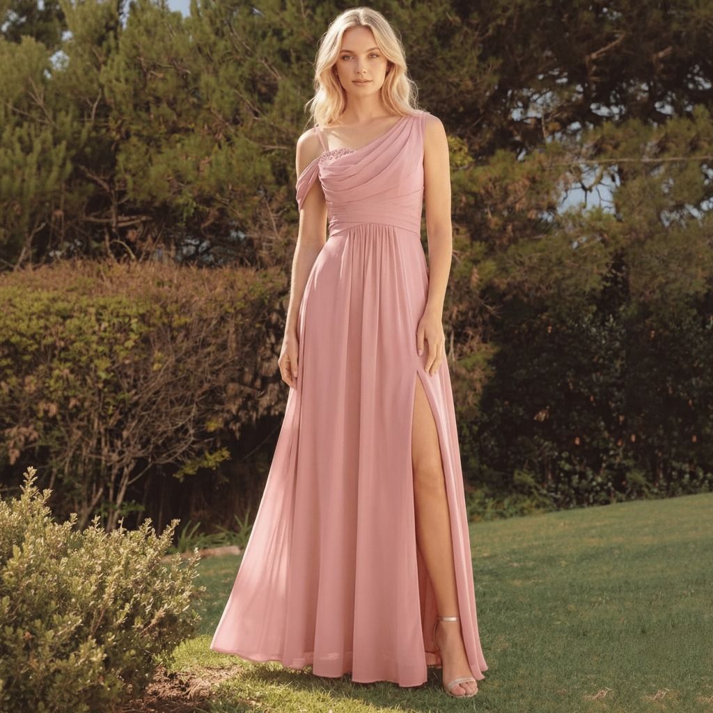 Vestido largo rosa viejo en gasa con drapeado asimétrico y abertura lateral, vista frontal en exterior