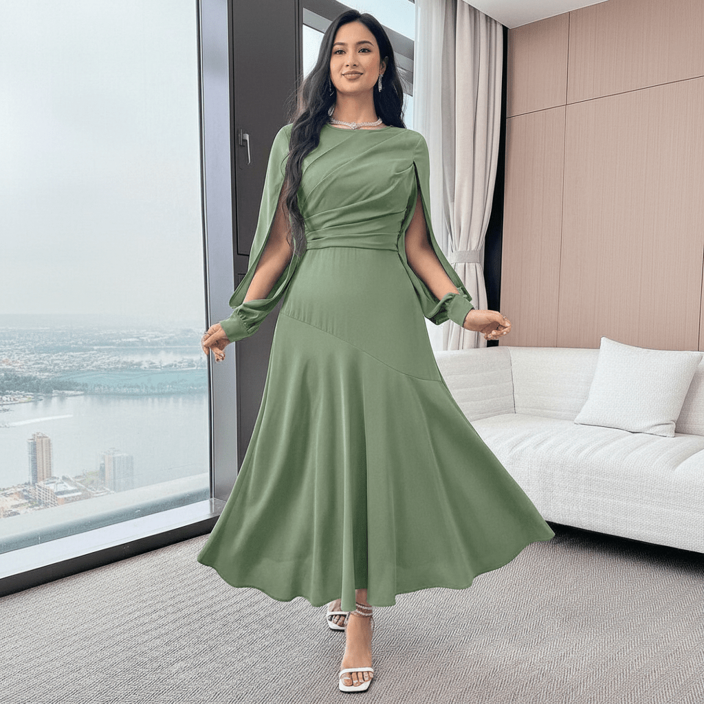 Vestido midi verde salvia con cuerpo drapeado y mangas capa abiertas visto de frente con detalle del torso