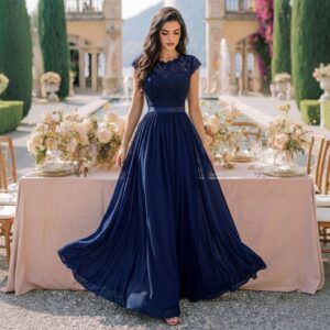 Vestido largo azul marino con cuerpo de encaje floral, manga cap y falda de gasa plisada, vista frontal completa