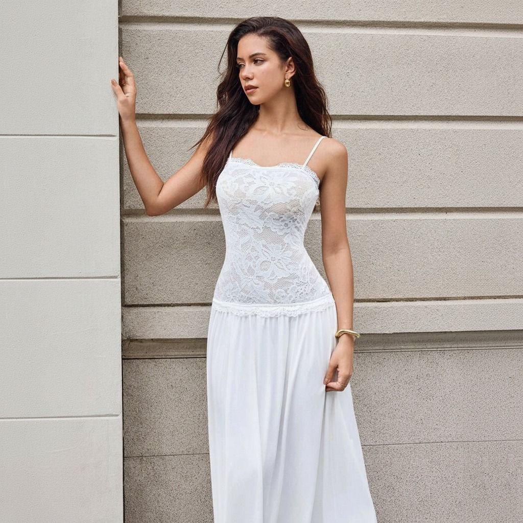 Modelo apoyada en muro con vestido blanco de encaje floral y falda lisa de talle bajo, vista tres cuartos