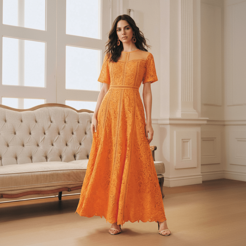 Vista frontal completa de vestido maxi de encaje naranja con paneles verticales de crochet y largo al tobillo