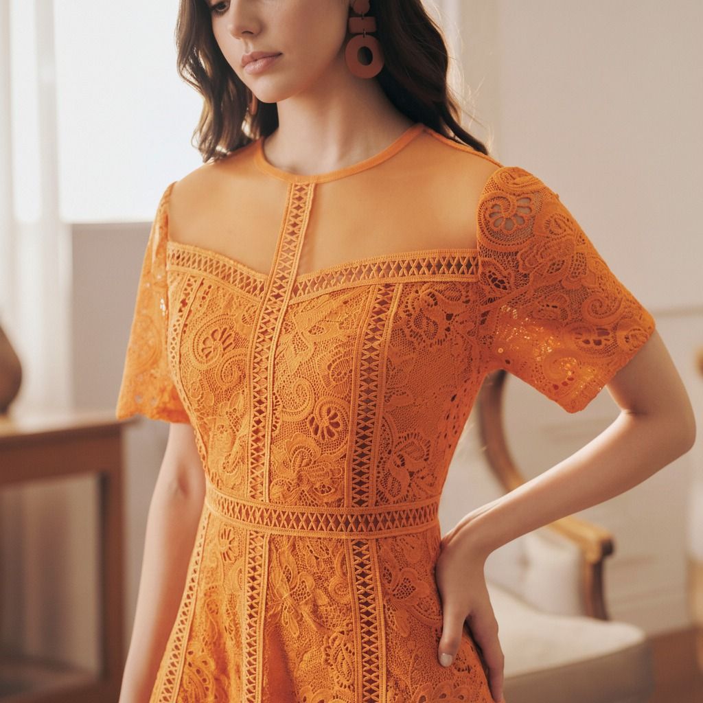 Detalle del escote redondo con panel de tul transparente y crochet geométrico en vestido de encaje naranja