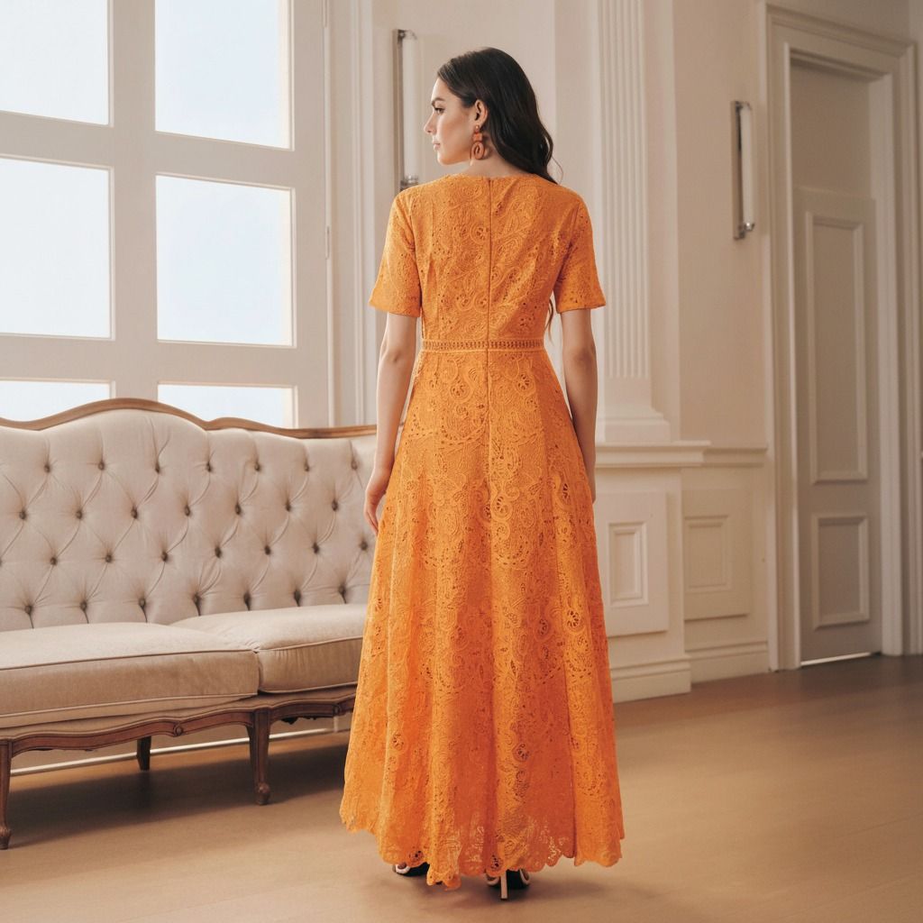 Vista posterior de vestido maxi de encaje naranja con cierre oculto y banda de crochet en cintura