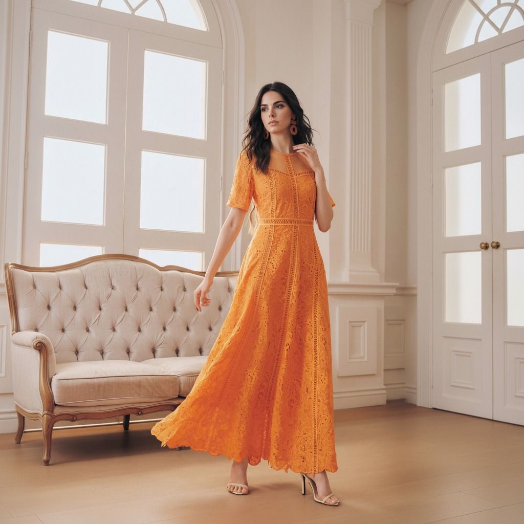 Vestido maxi de encaje naranja con silueta evasé y panel de tul en escote redondo vista frontal completa