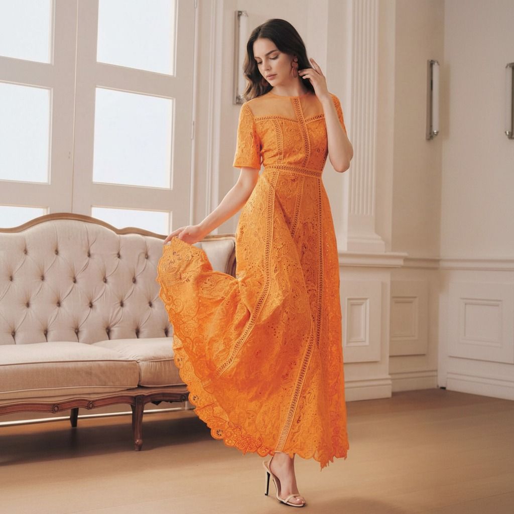 Modelo sosteniendo la falda de un vestido maxi de encaje naranja con manga corta y ruedo festoneado vista lateral