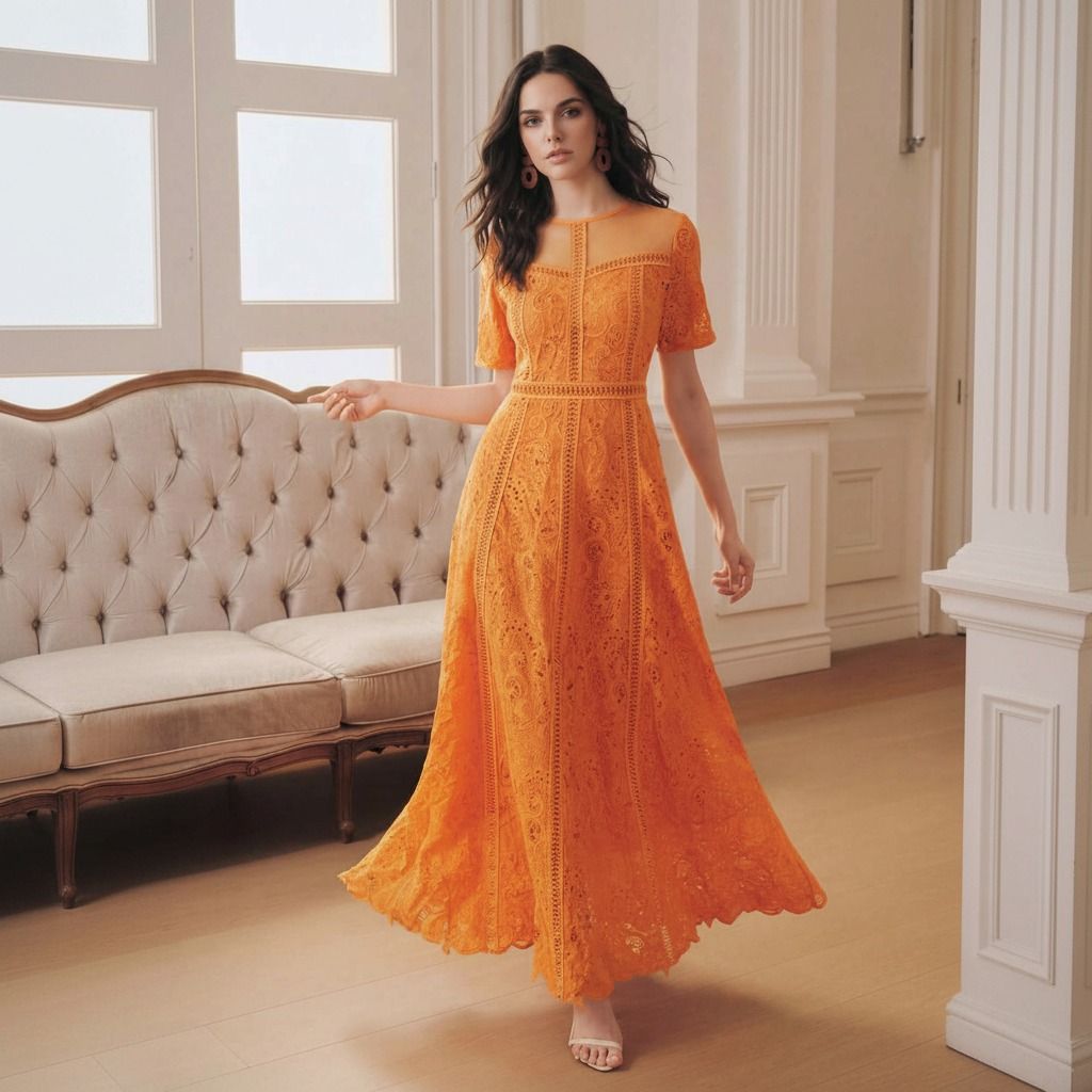 Vestido maxi naranja de encaje calado en movimiento mostrando caída de la falda evasé y mangas cortas