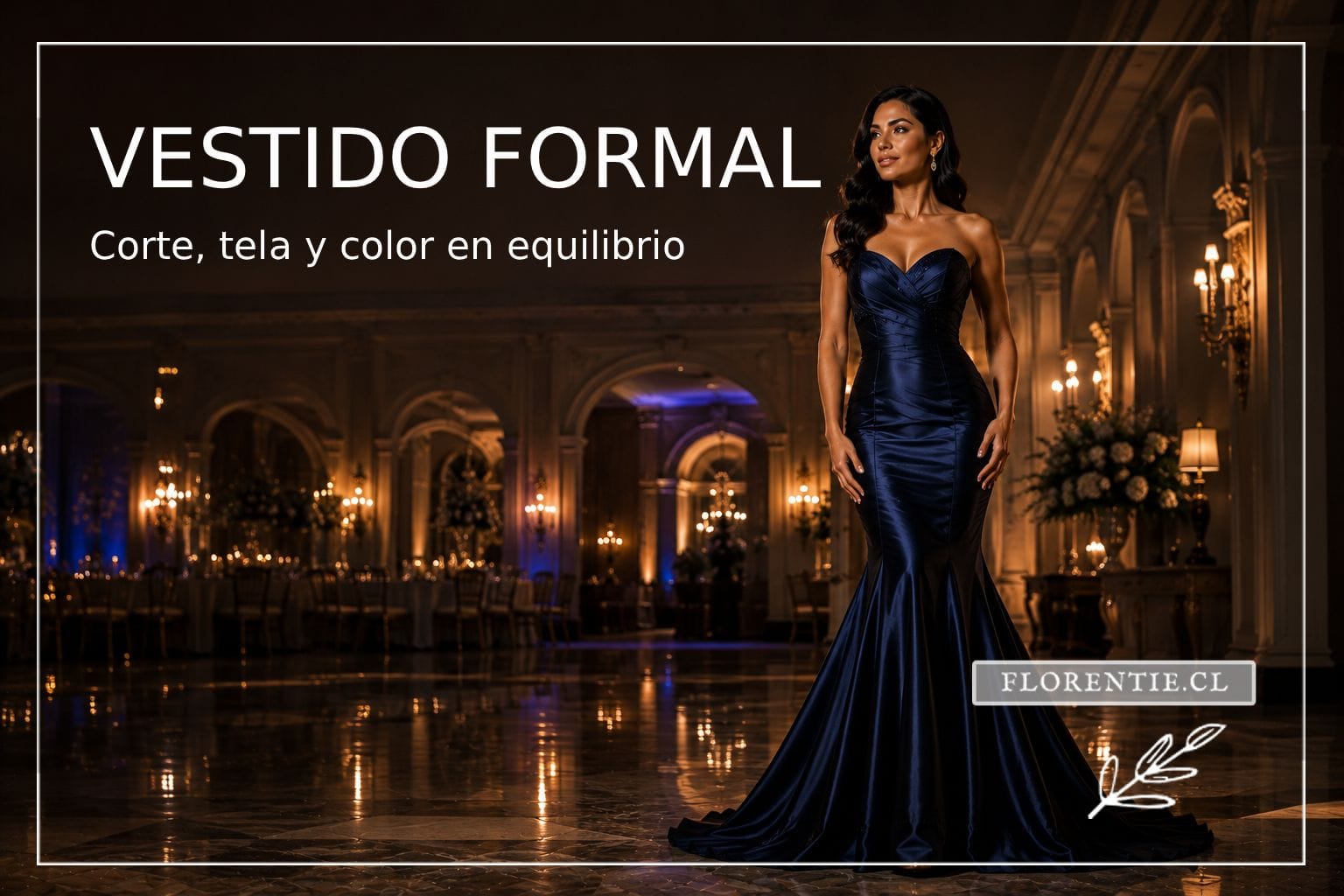 Mujer con vestido formal azul marino de corte sirena strapless en un salón de gala