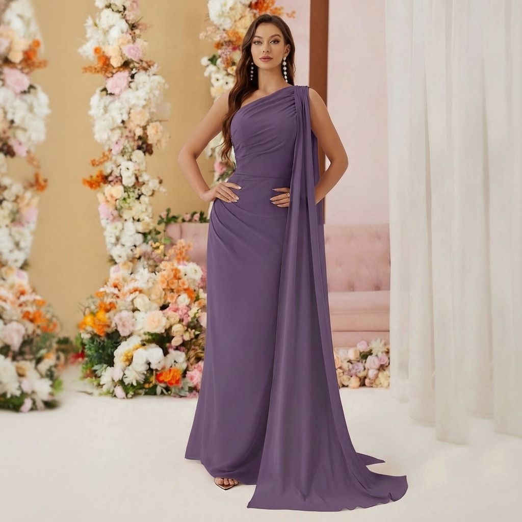 Vista frontal completa de vestido largo lila con escote un hombro, capa de gasa y ruedo con cola