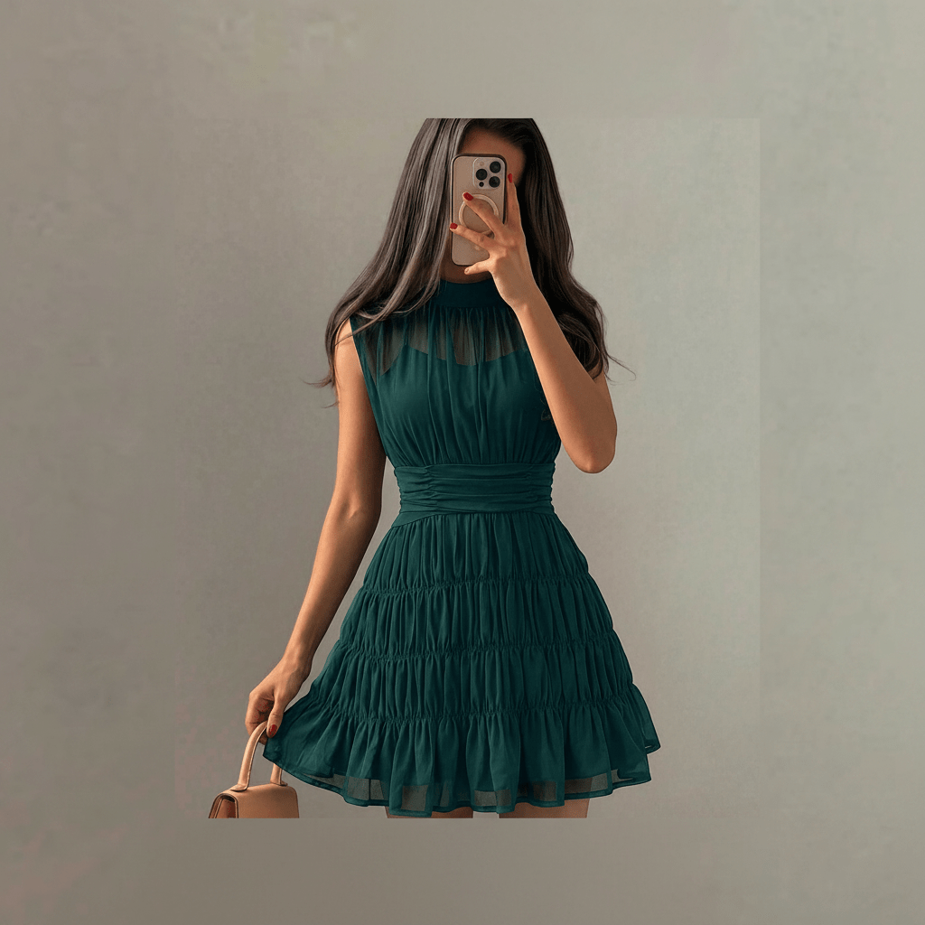 Vestido corto verde esmeralda en gasa con cuello alto y falda drapeada en capas, vista frontal