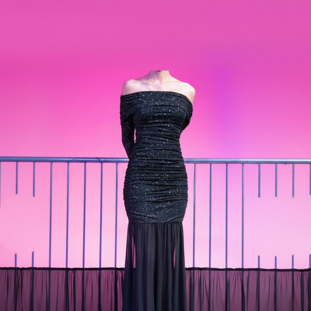 Detalle del cuerpo del vestido negro con frunce vertical, brillos y escote off shoulder sin hombros