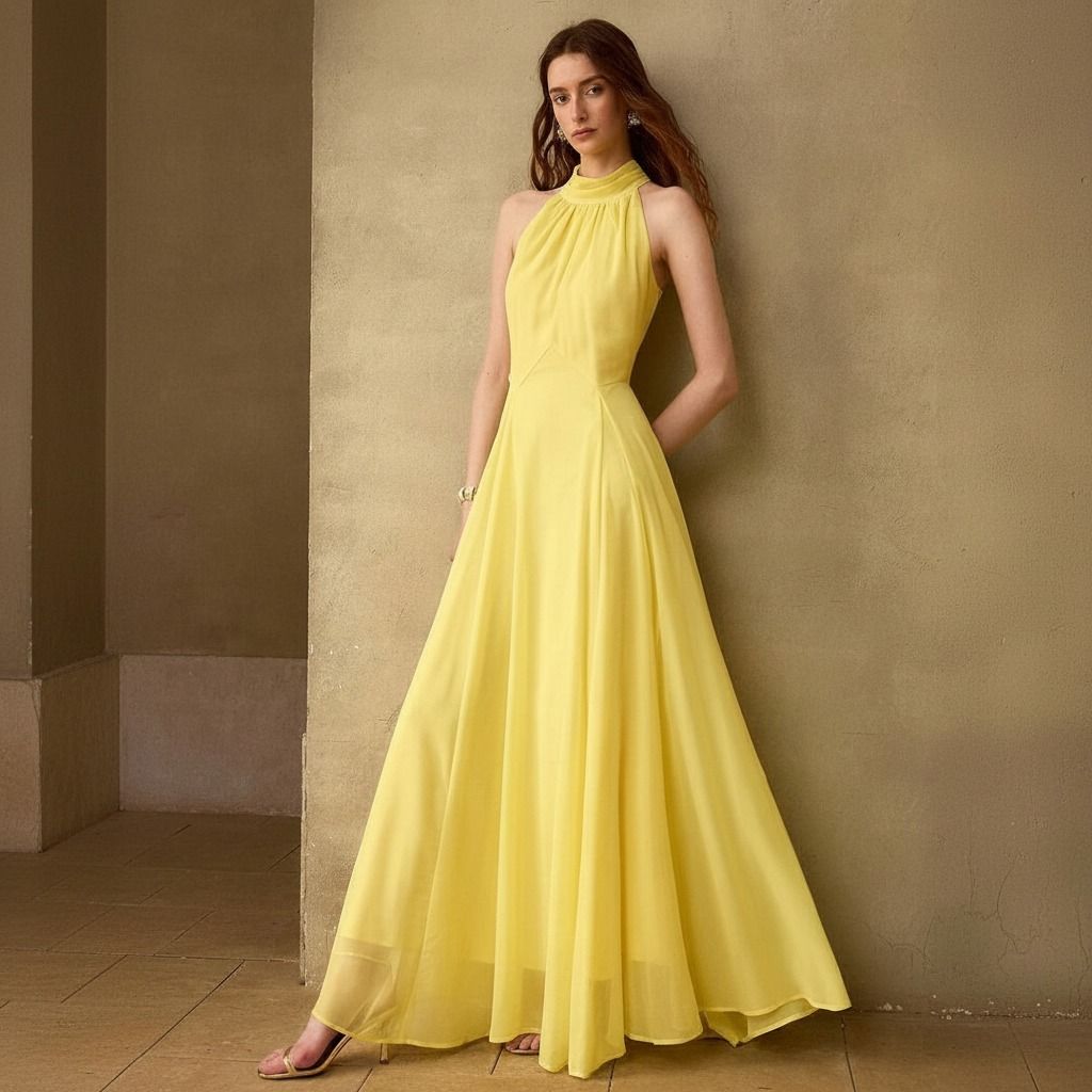 Vestido maxi amarillo en gasa con cuello halter fruncido y falda evasé, vista frontal de cuerpo completo