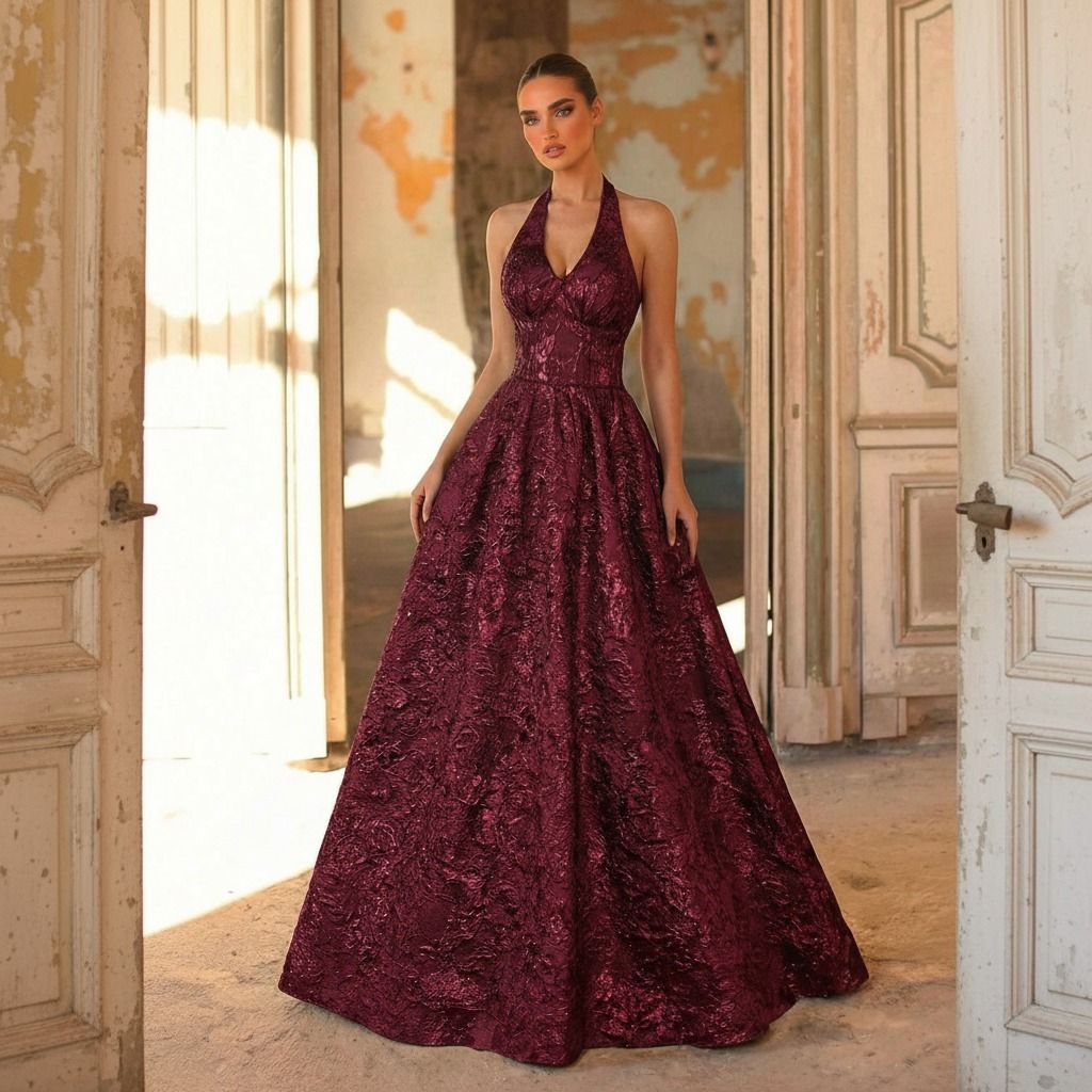 Vestido largo burdeos de brocado con cuello halter y falda A-line amplia, vista frontal de cuerpo completo
