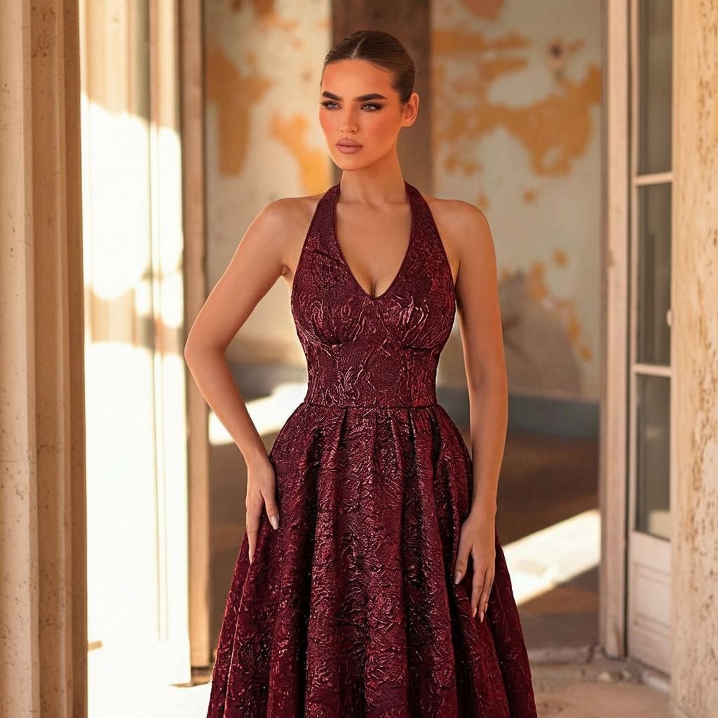 Plano medio del vestido burdeos con escote V, cuello halter y textura de brocado floral en relieve