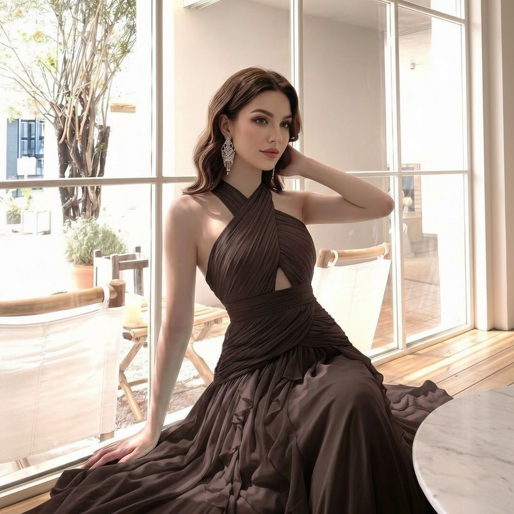 Mujer sentada junto a ventanal con vestido largo chocolate de escote halter cruzado y cuerpo drapeado