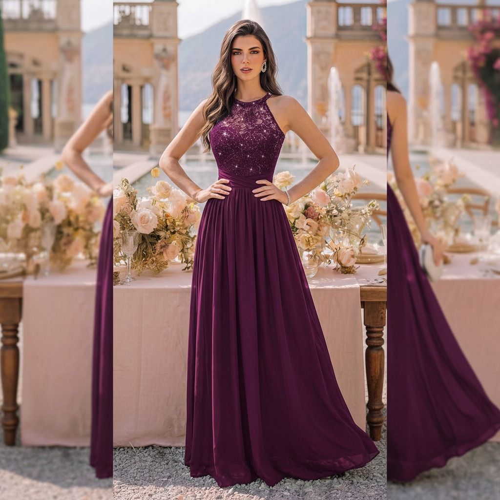 Vestido largo color ciruela con cuerpo de encaje y lentejuelas, escote halter y falda evasé en gasa, vista frontal
