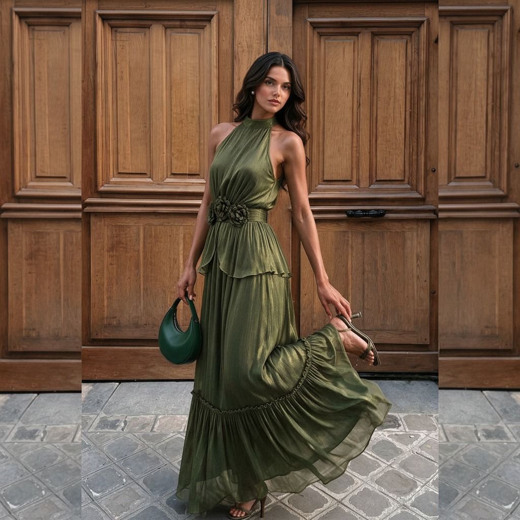 Mujer con vestido largo verde oliva halter y cinturón floral, sosteniendo bolso verde frente a puerta de madera