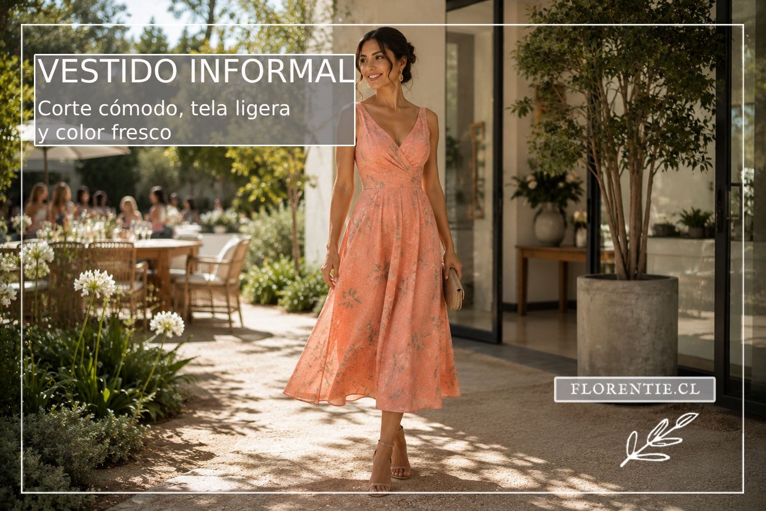 Mujer con vestido informal floreado color durazno en una reunión al aire libre