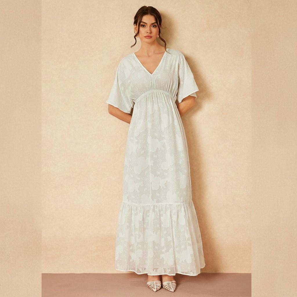 Vista frontal completa de vestido largo blanco con escote en V, manga kimono y cintura elastica alta