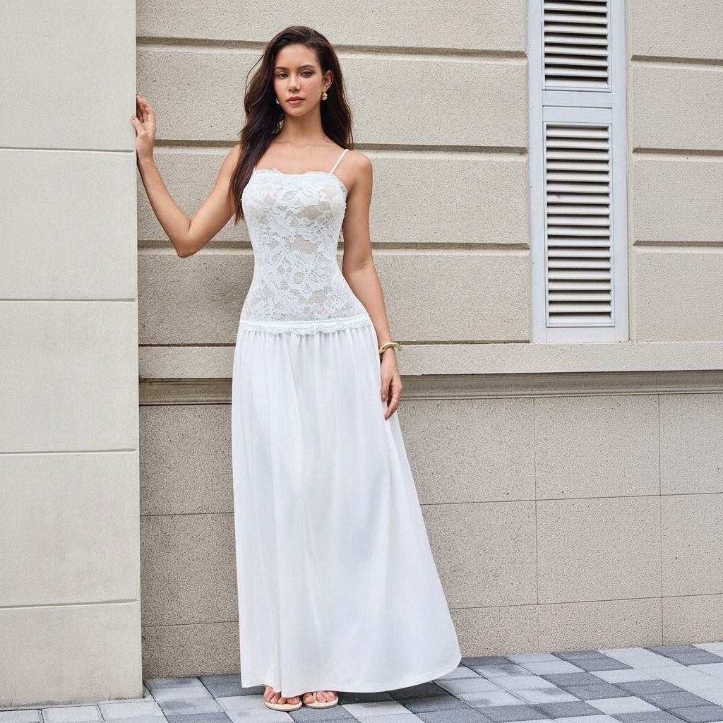 Vestido blanco largo visto de cuerpo entero con sandalias planas y falda que cae hasta el tobillo