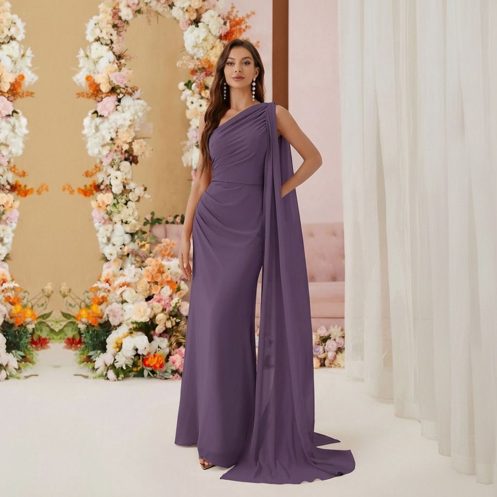 Vestido largo lila oscuro de cuerpo entero con capa de gasa extendida hasta el suelo formando cola