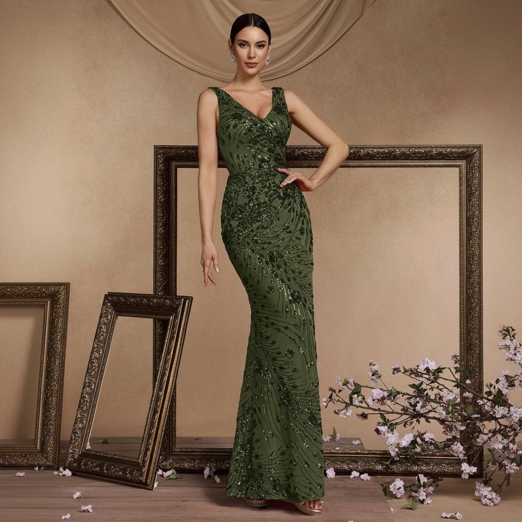 Vestido maxi sirena verde oliva con lentejuelas tono sobre tono, tirantes anchos y sin abertura visible