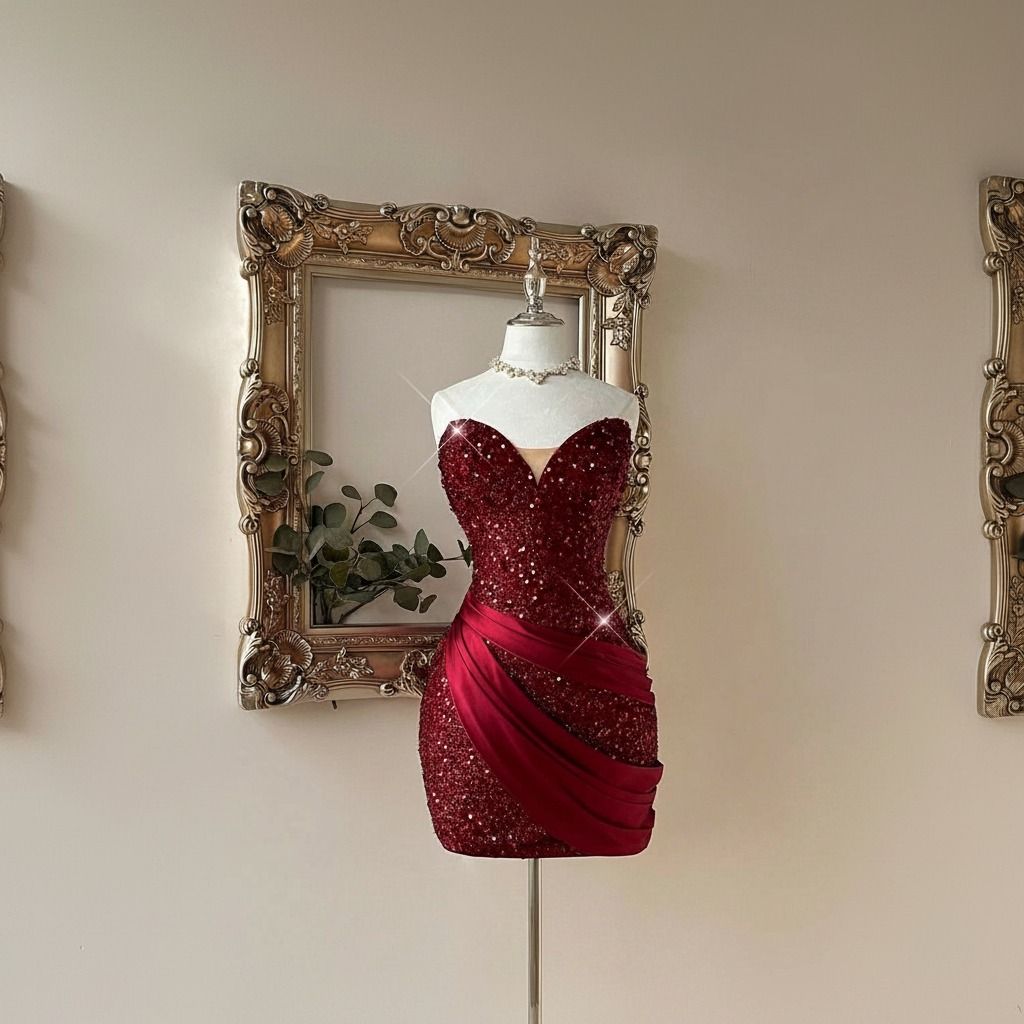 Vestido corto burdeo con lentejuelas y drapeado satinado en la falda visto de frente sobre maniquí