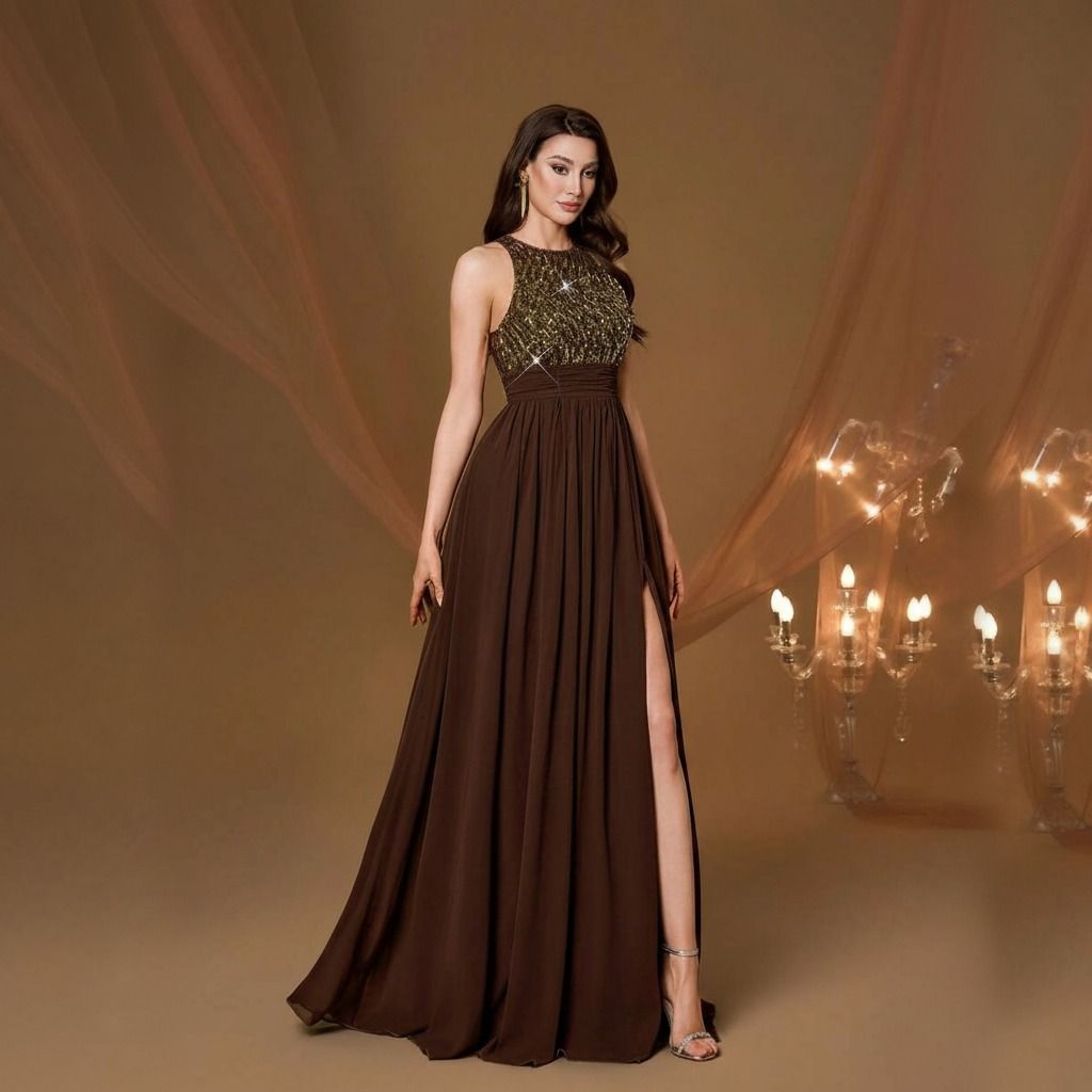 Vestido largo halter chocolate con cuerpo de lentejuelas doradas y falda fluida hasta el suelo, vista angular