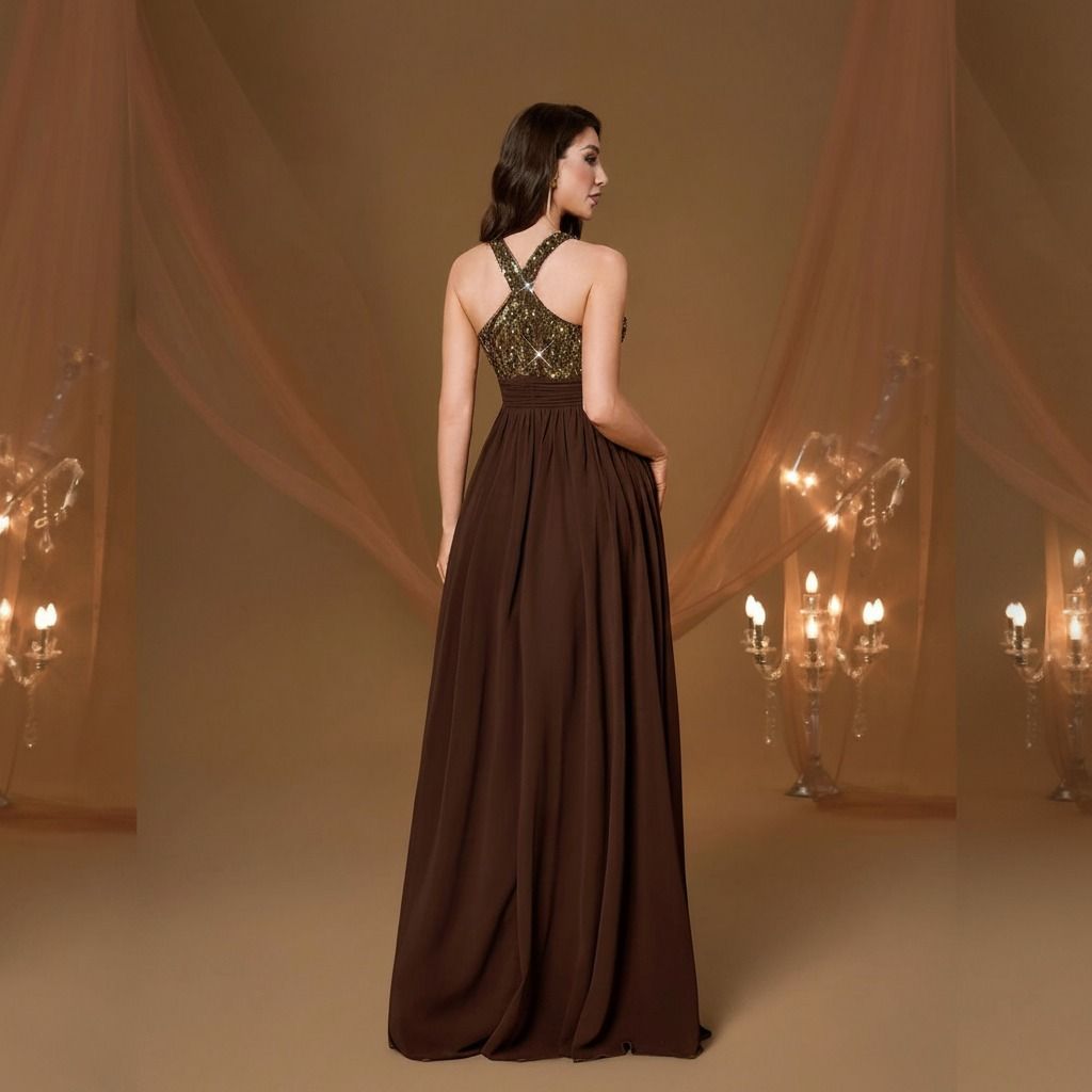Vista trasera del vestido largo chocolate mostrando tirantes cruzados en X con lentejuelas doradas y falda de gasa