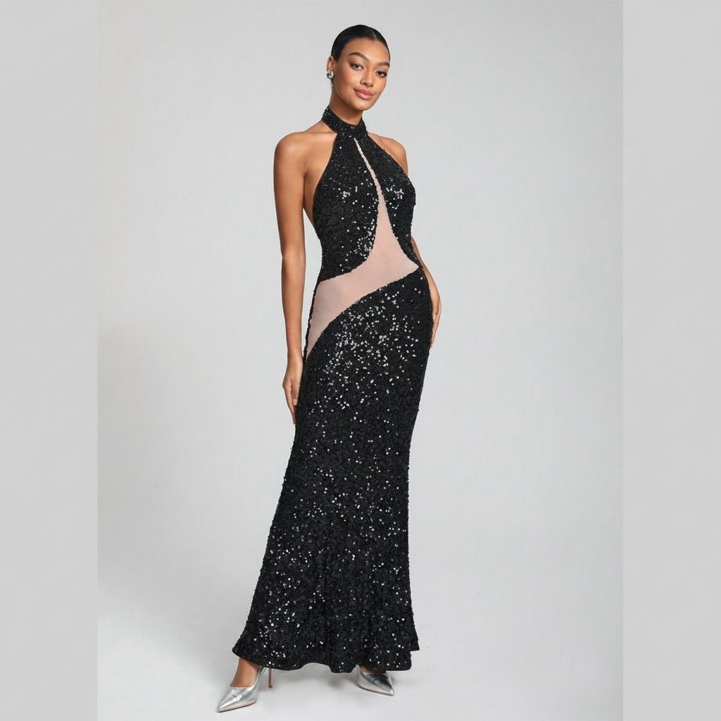 Vestido largo de lentejuelas negras con cuello halter y paneles de tul nude visto de frente