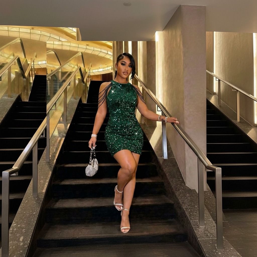 Mujer con vestido corto ajustado de lentejuelas verde esmeralda con cadenas en los hombros, vista frontal en escalera