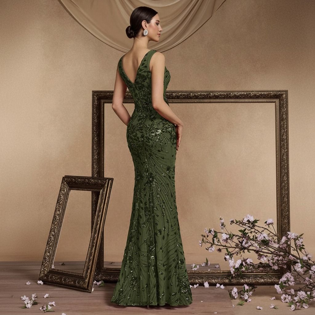 Vista trasera de vestido sirena verde oliva con escote V en espalda y bordado de lentejuelas sobre tul