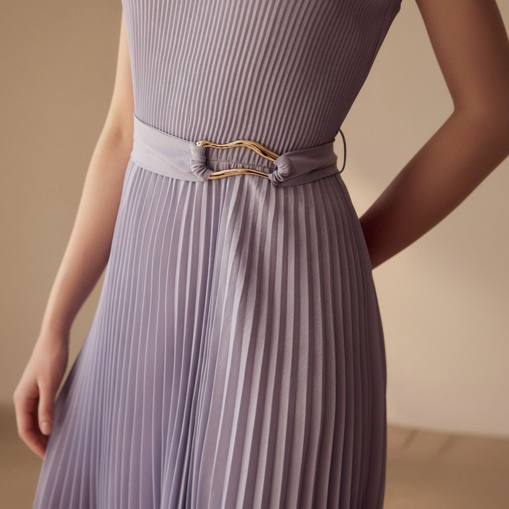 Detalle del cinturón con hebilla ondulada dorada en la cintura del vestido lila plisado