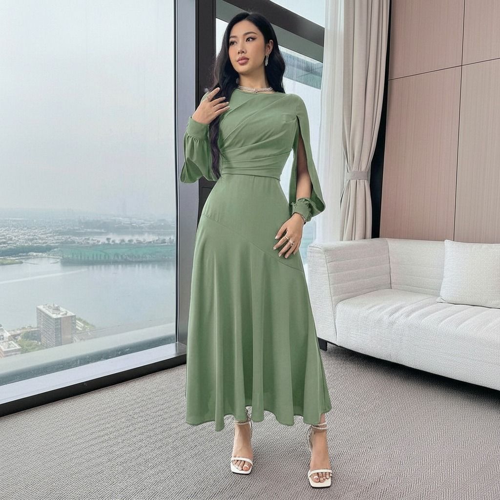 Modelo de pie con vestido midi verde salvia drapeado mostrando mangas capa y falda evasé completa