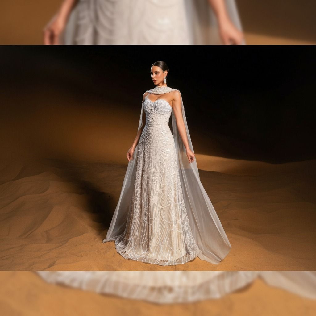 Vestido largo marfil bordado en perlas con capa de tul, vista frontal completa sobre fondo de arena