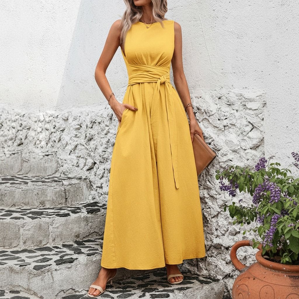 Vestido maxi amarillo mostaza sin mangas con cinturón cruzado y bolsillos laterales, vista frontal