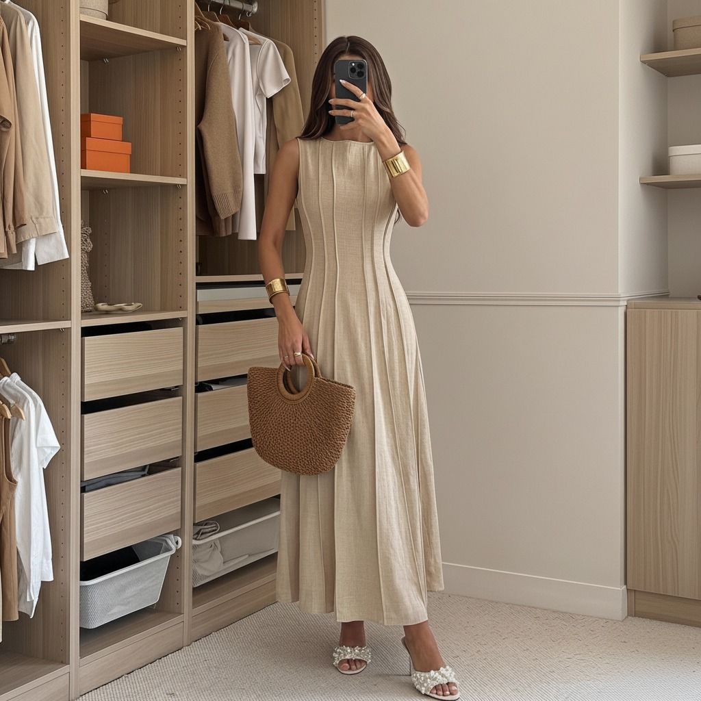 Vestido maxi beige sin mangas con costuras verticales y silueta evasé visto de frente en espejo