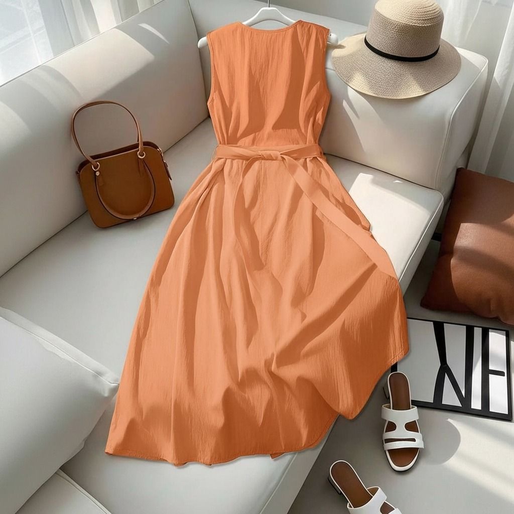 Vista trasera del vestido midi melocotón mostrando lazo de tela atado en la cintura y falda evasé amplia