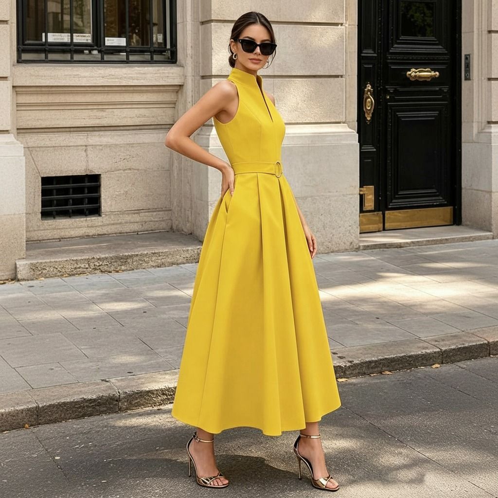Vestido midi amarillo mostaza sin mangas con cuello alto y falda evase con tablas, vista frontal completa en calle