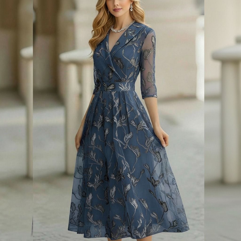 Vestido midi azul acero con tul bordado floral, escote cruzado y falda evasé, vista frontal angular en exterior
