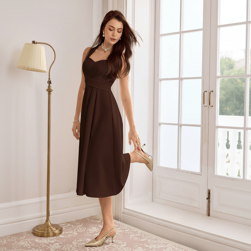 Vestido midi chocolate oscuro con falda evasé reflejado en espejos laterales, modelo ajustando zapato