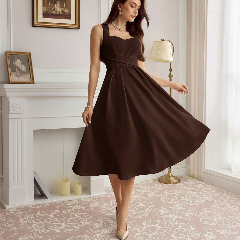 Vestido midi evasé color chocolate con escote corazón y tirantes anchos, vista frontal con falda en movimiento