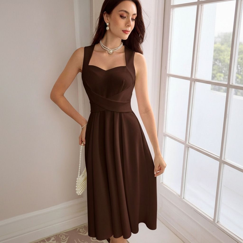 Vestido midi chocolate con tirantes anchos rectangulares y escote corazón junto a ventanal