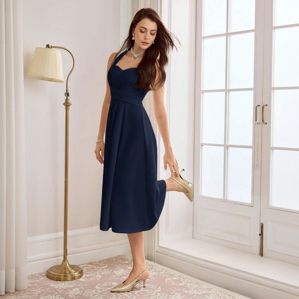 Vestido midi azul marino con escote corazón y falda con pliegues, modelo junto a ventanal