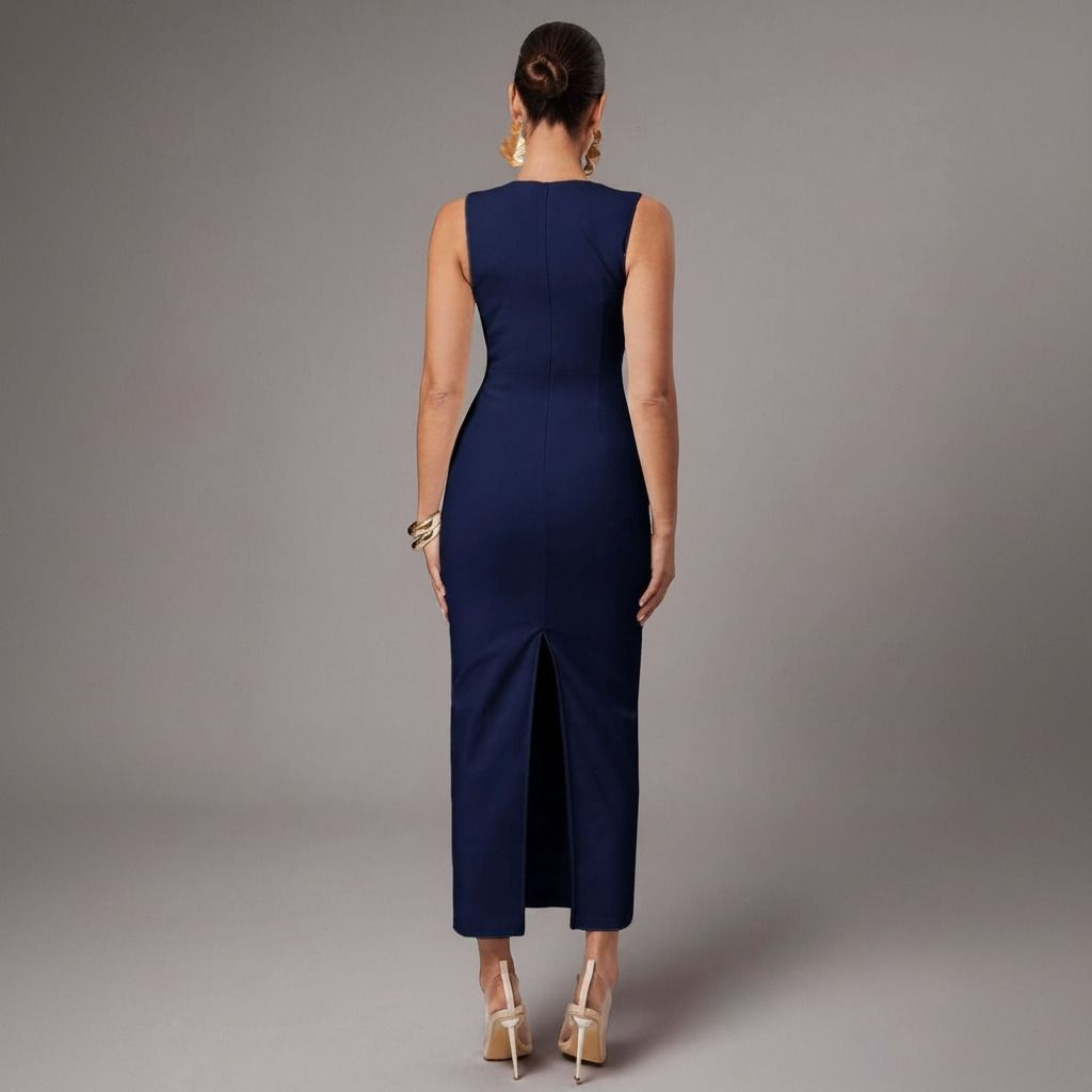 Vista trasera del vestido azul marino con costura central y abertura inferior a la altura de la pantorrilla