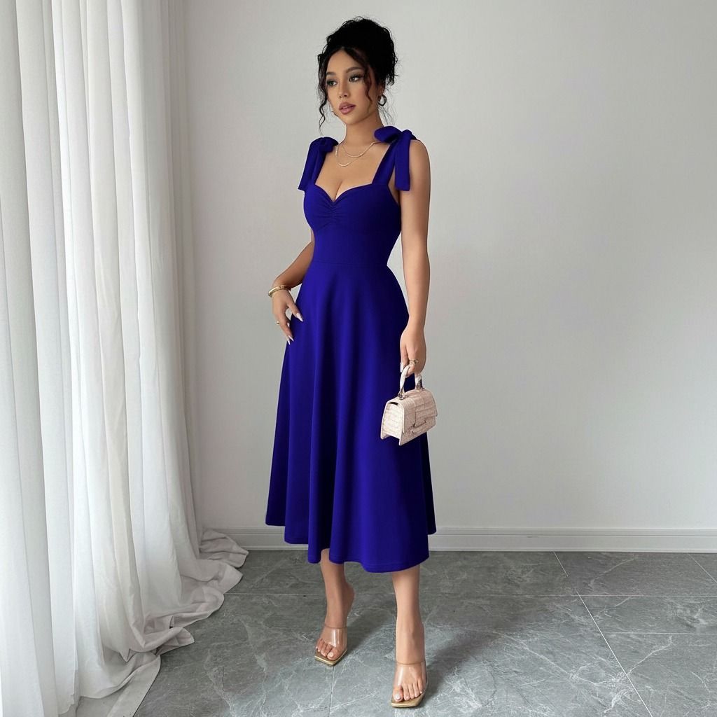 Modelo de frente con vestido midi azul rey de falda evasé, cintura marcada y mini bolso nude en la mano