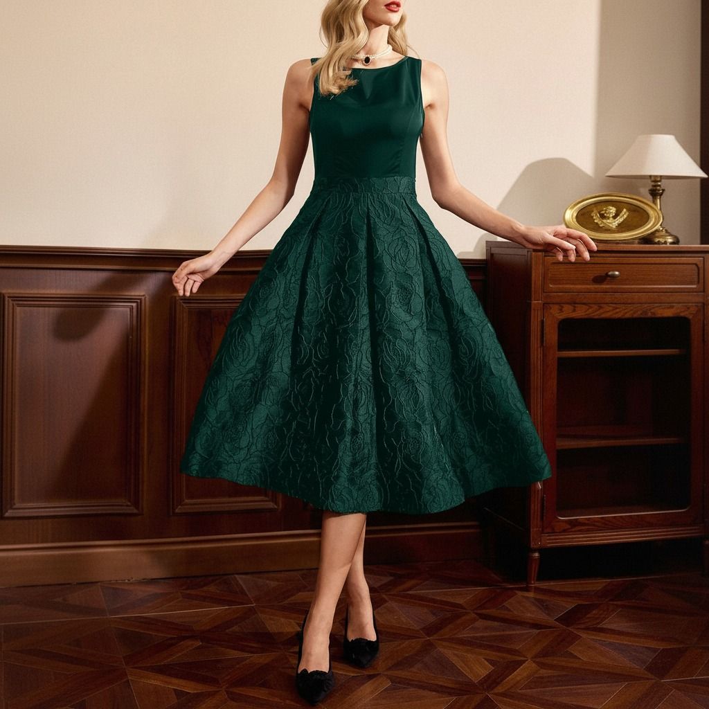 Vestido midi verde esmeralda con cuerpo liso sin mangas y falda plisada en jacquard floral, vista frontal completa
