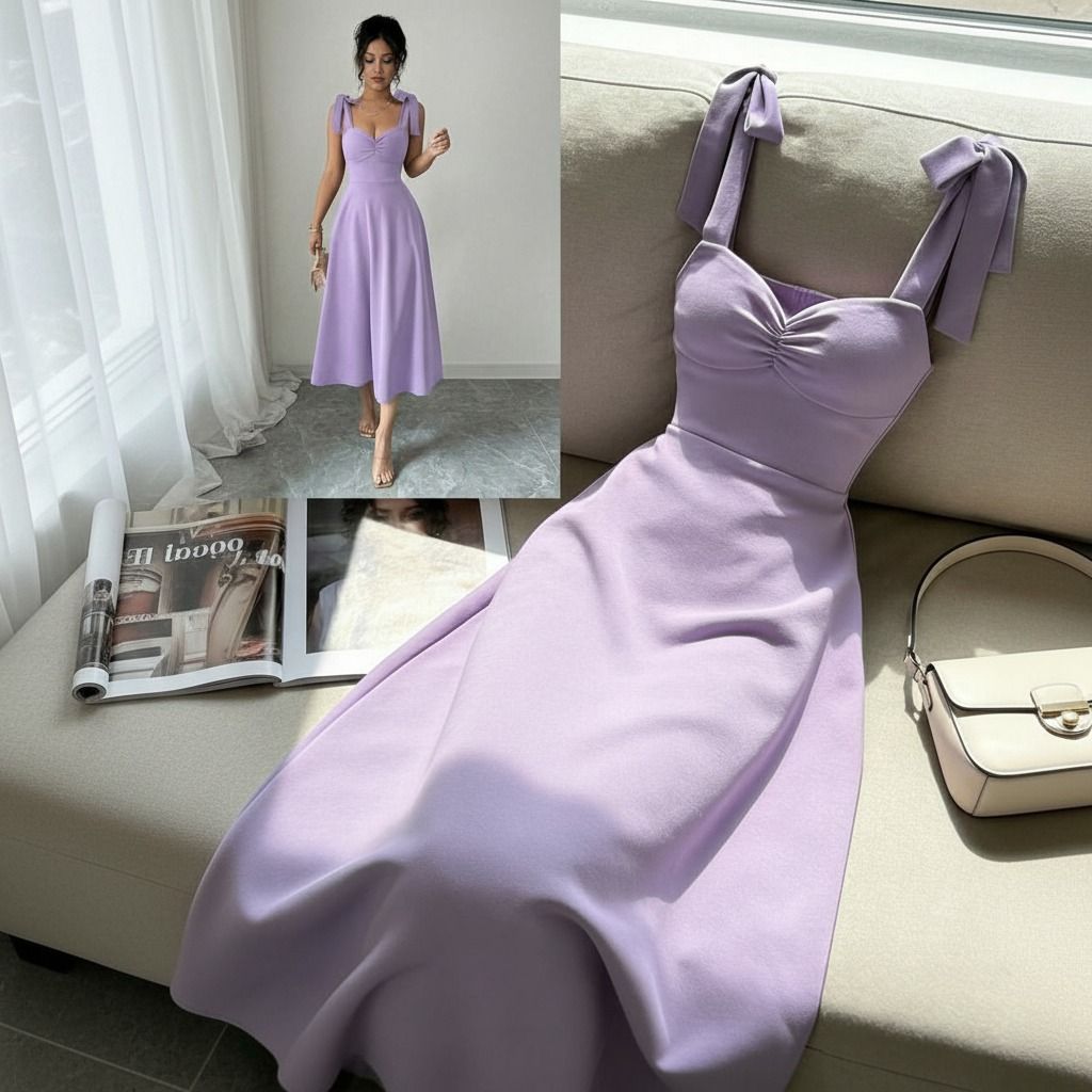 Vestido midi lila con tirantes de lazo y escote corazón extendido sobre sofá beige junto a bolso crema