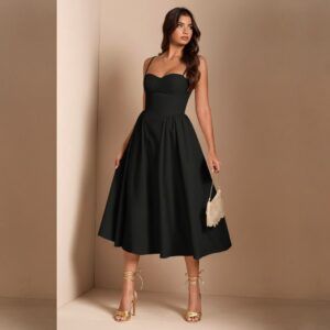 Vestido midi negro con cuerpo tipo corsé, escote corazón, tirantes finos y falda evasé con pliegues, vista frontal