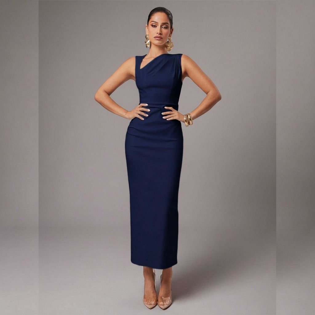 Modelo con manos en la cintura mostrando la silueta recta y ajustada del vestido midi azul marino