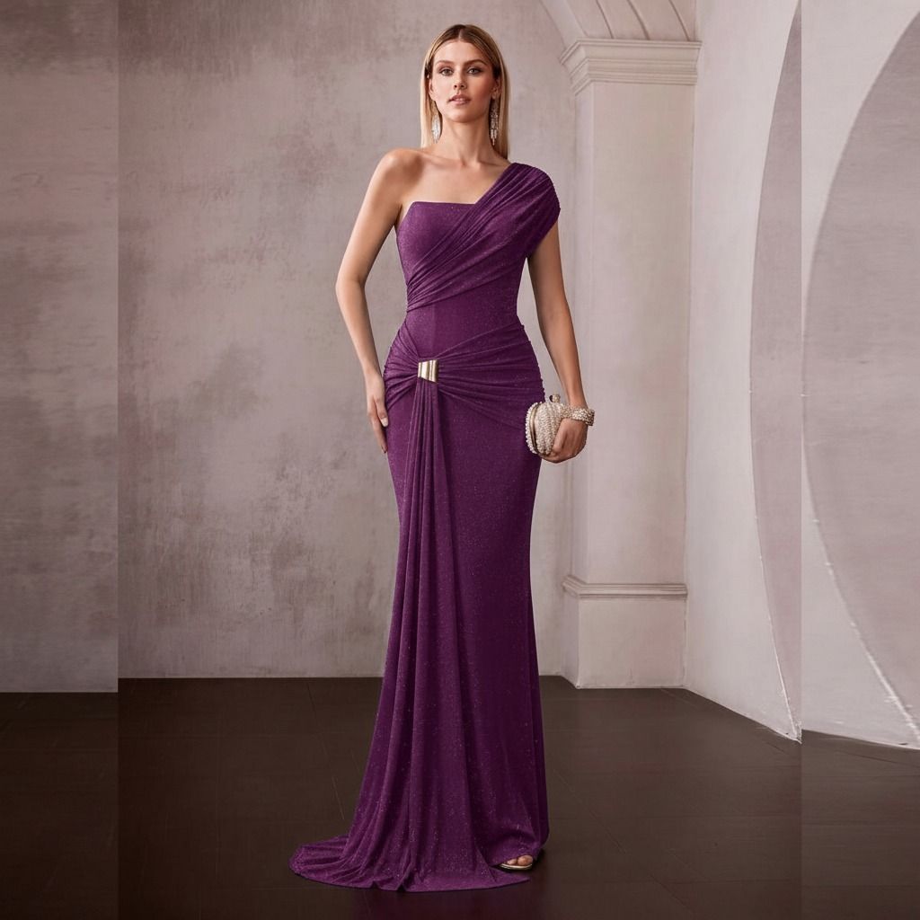Vestido morado brillante de largo maxi con caída frontal de tela y aplique dorado en la cintura, pose de pie